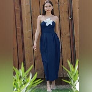 Fanm Mon $389 LORR LATRICE DRESS in Indigo Blue Embroidered Size L